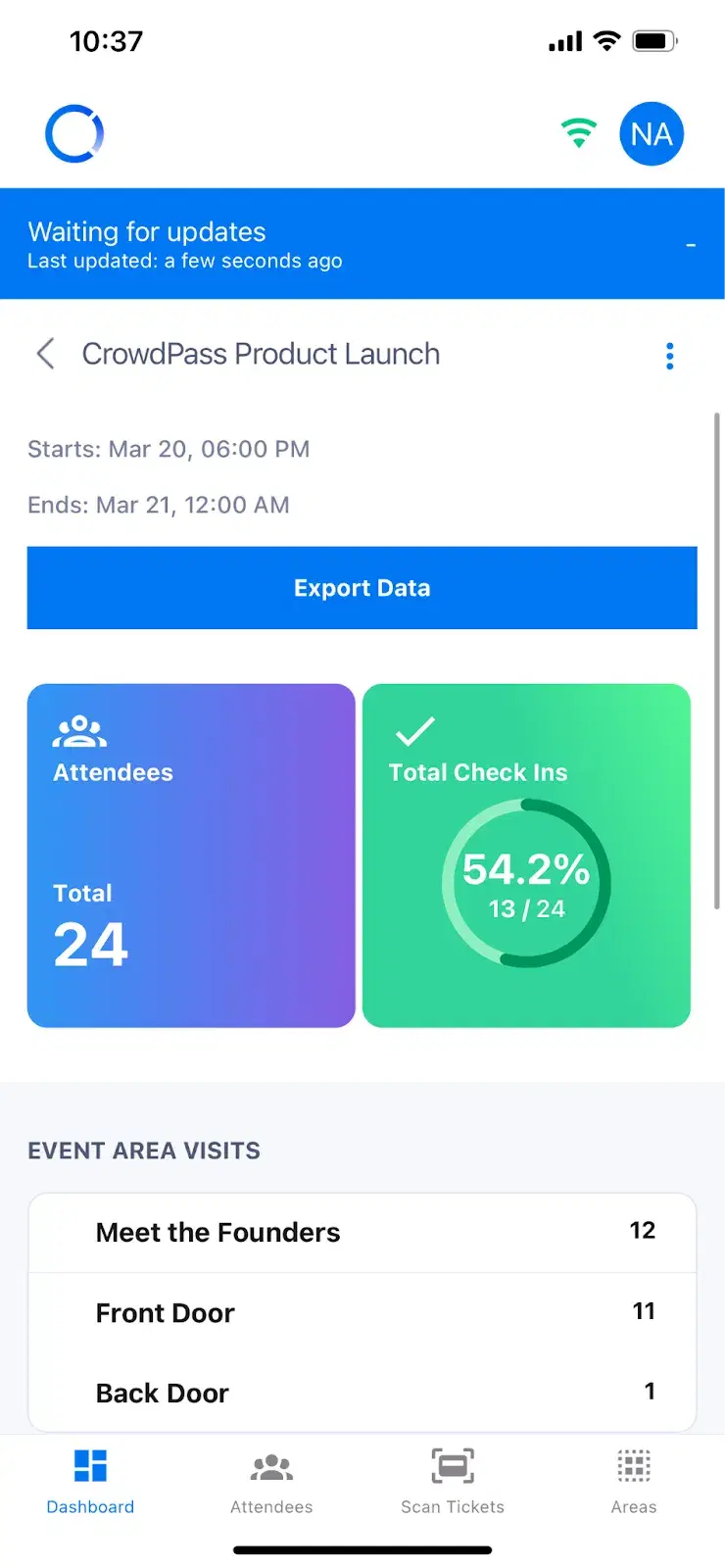 Event dashboard in CrowdPass app