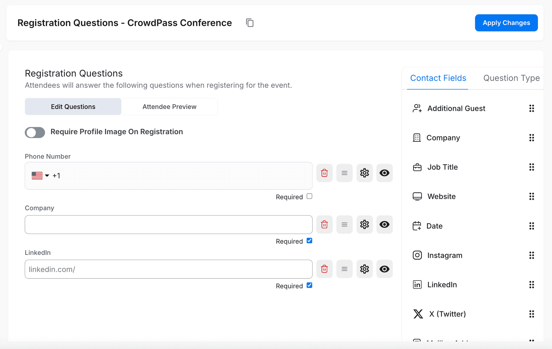 CrowdPass registration questions builder