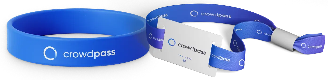 CrowdPass credential types — silicone wristband, NFC card, and fabric RFID wristband