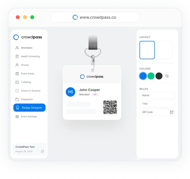 CrowdPass badge designer with customizable layout, colors, and QR codes