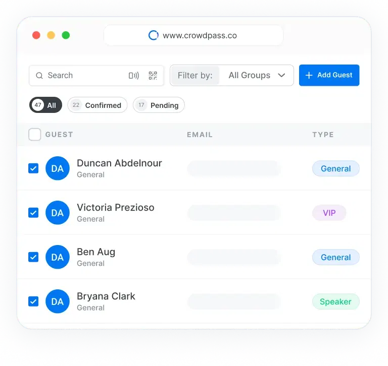 CrowdPass guest list with search, filters, and attendee groups