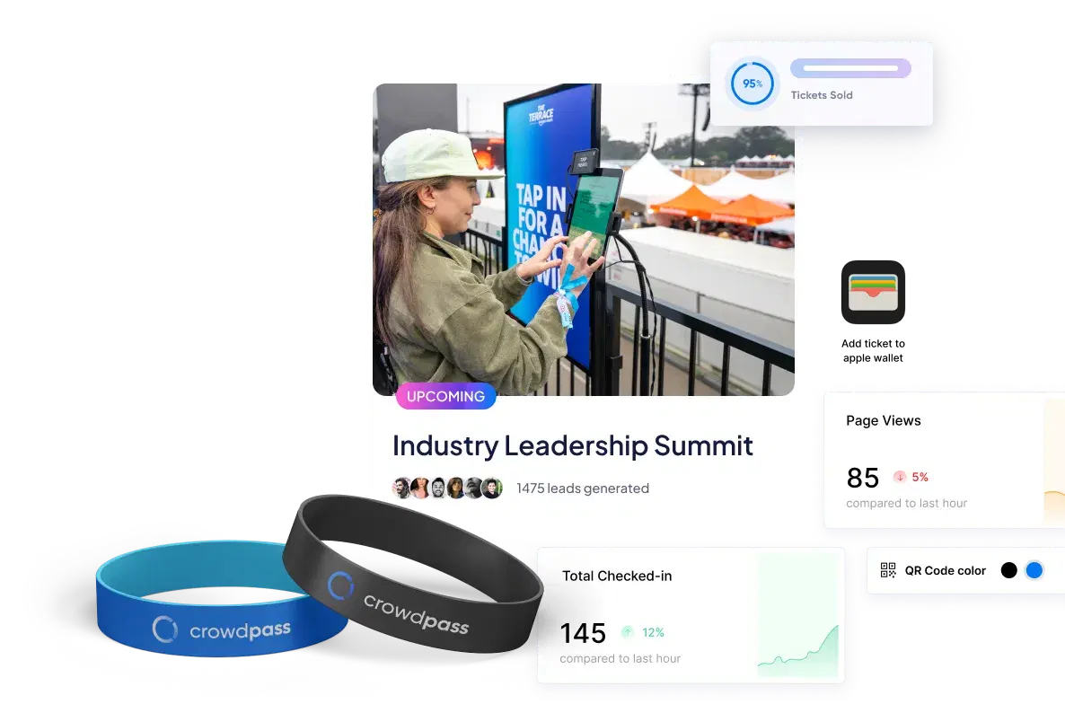 CrowdPass platform dashboard with event management, NFC wristbands, and real-time analytics