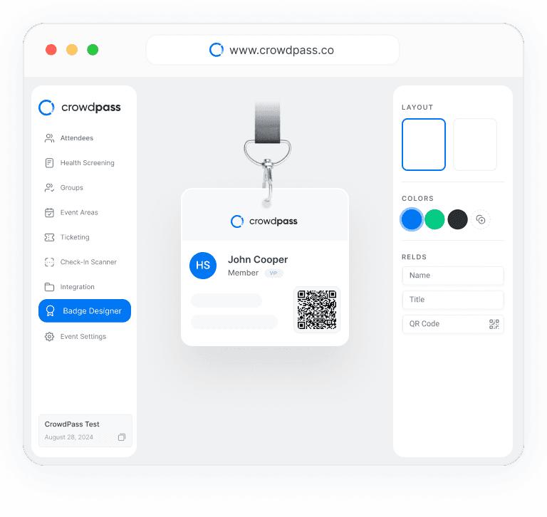 CrowdPass badge designer with customizable layout, colors, and QR codes