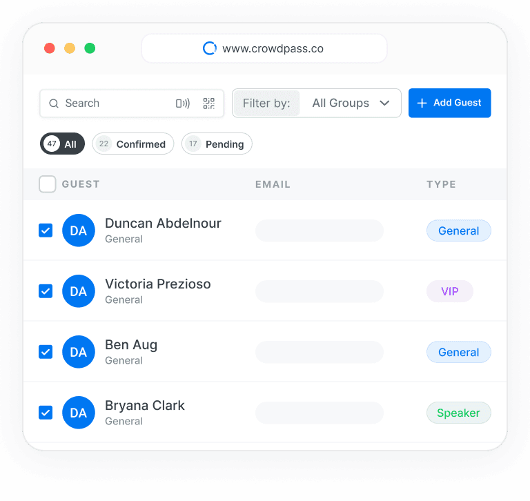 CrowdPass guest list with search, filters, and attendee groups