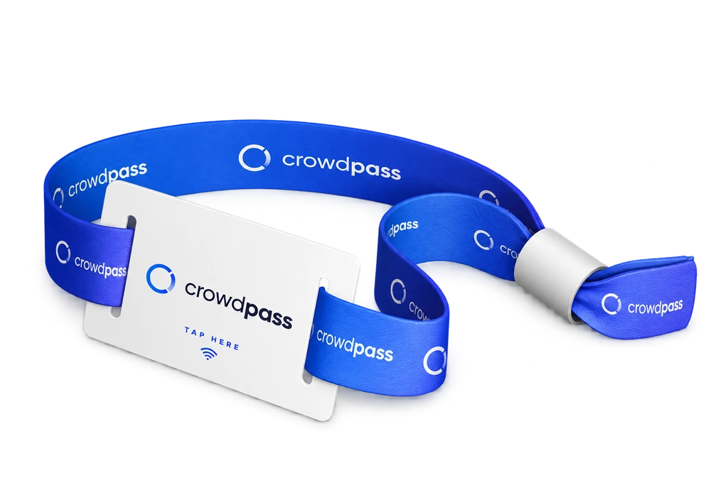 Blue CrowdPass NFC fabric wristband with a tap-to-scan credential