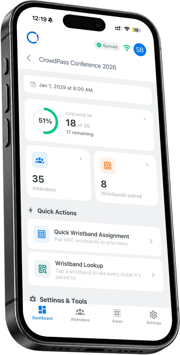 CrowdPass mobile dashboard with guest check-ins, tickets, and wristband pairing