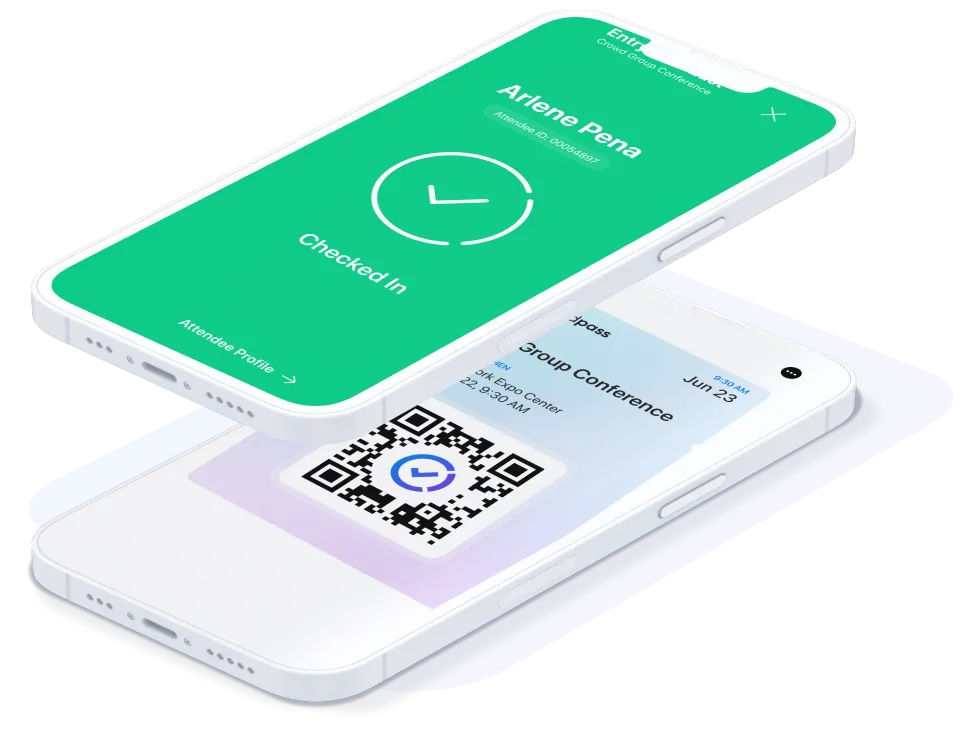 CrowdPass phone showing a green Checked In confirmation above an attendee QR credential